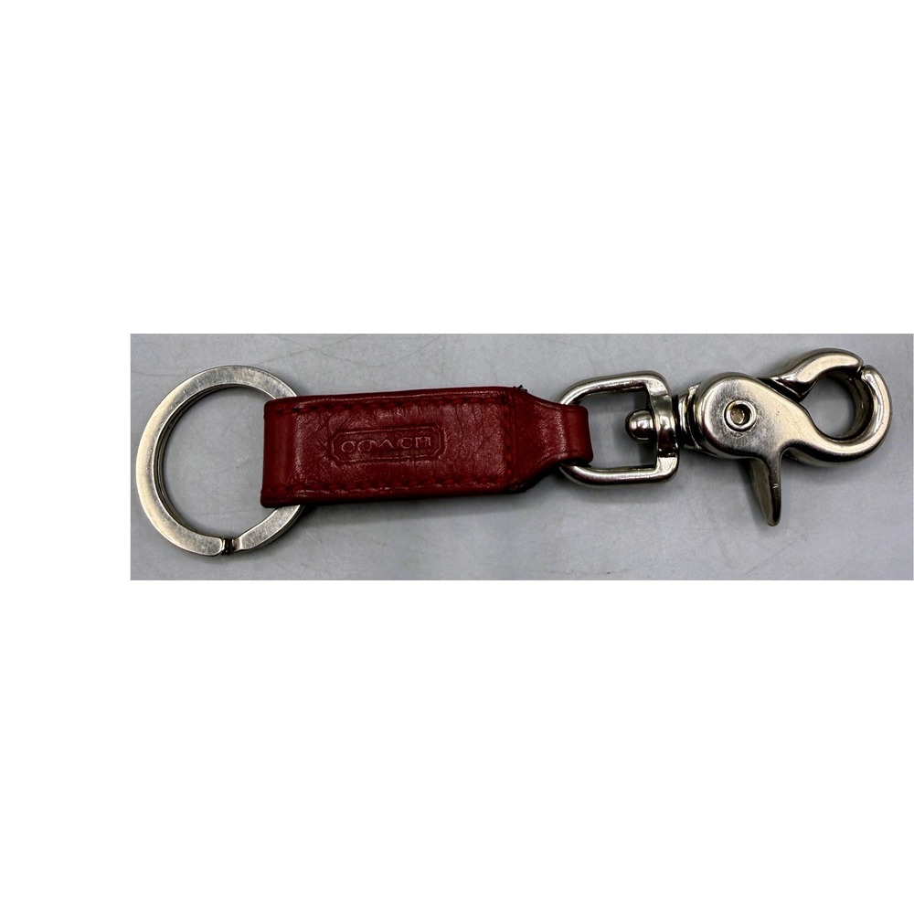 Coach Red Leather Keychain Silver Swivel Lobster Clasp Key Fob Logo Rivet